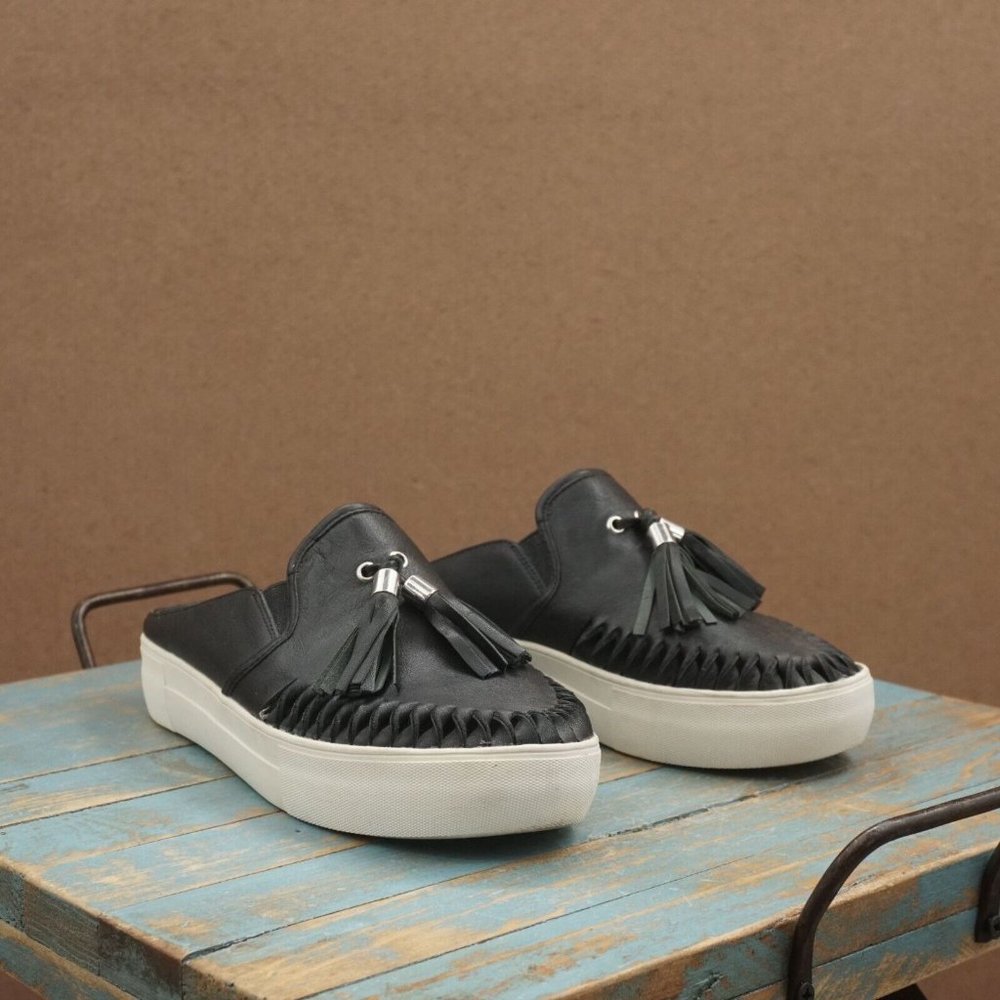 J/Slides NYC Women Amora Platform Slip On Sneakers Size 8 Black Leather Tassels
